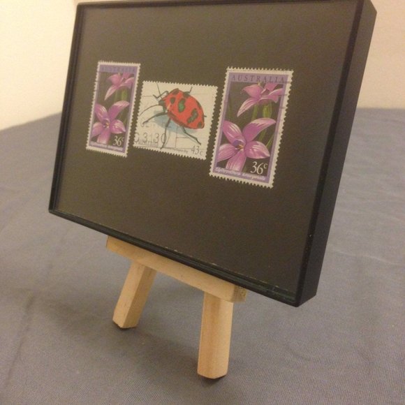 Lady bug - Recycled Postage Stamp Framed Art 3.5"x5", Ladybug, flower stamp, bug - Picture 1 of 3